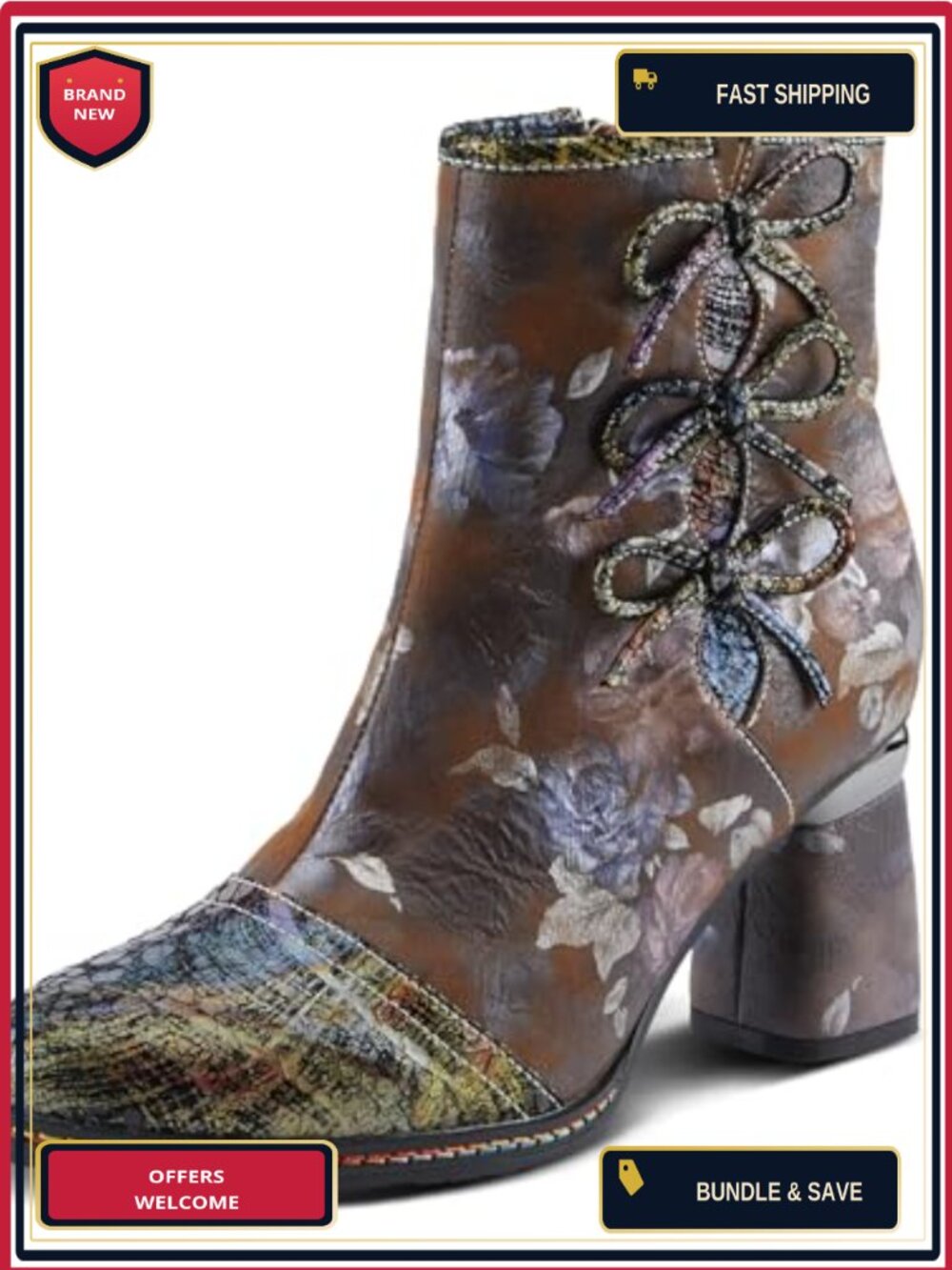 Faux Leather Floral Ankle Boots Stacked Heel Zip Closure
